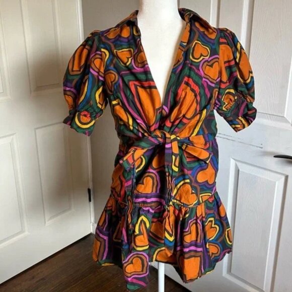 Anthropologie FARM Rio puff sleeve bow front colorful Heart Print Mini Dress M - Picture 5 of 8